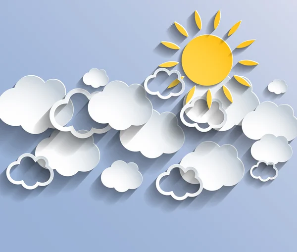 Kağıt güneşin ve bulutların üzerinde mavi arka plan.