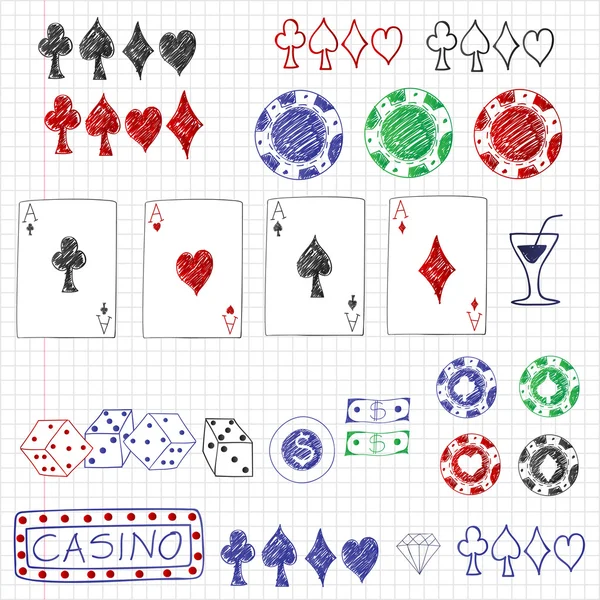 Juego de elementos de poker dibujados a mano — Vector de stock