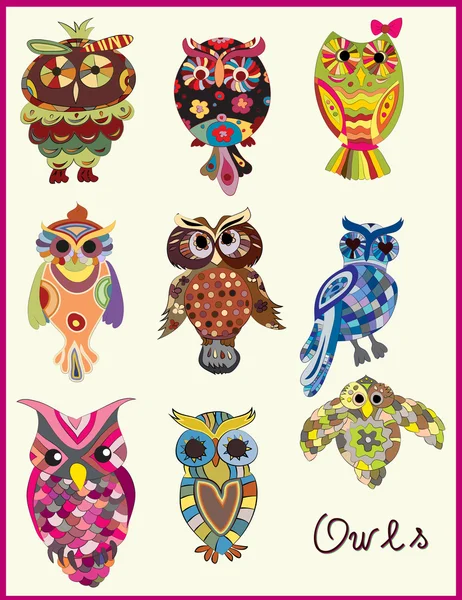 Set of nine different owls — Stock Vector