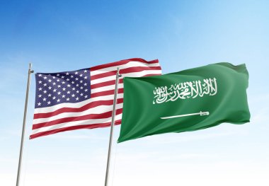 Amerika Birleşik Devletleri (Usa) ve Suudi Arabistan bayrakları şafak vakti gökyüzünde dalgalanıyor