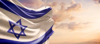 Israel flag in the blue sky. Horizontal panoramic banner.