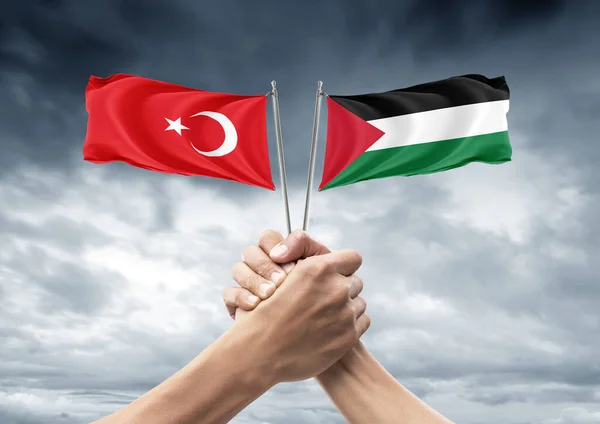 Flag Turkey Palestine Allies Friendly Countries Unity Togetherness Handshake Support — Stock Photo, Image