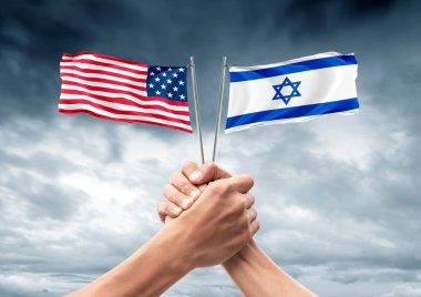 Amerika Birleşik Devletleri (ABD) ve İsrail bayrağı, müttefikler ve dost ülkeler, birlik, beraberlik, tokalaşma, destek