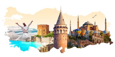 Türkiye Tarihi Eserleri Kolaj Haritası Kapadokya, Pamukkale, Ayasofya, Galata Kulesi Seyahat Resimleri