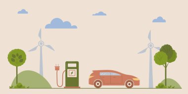 Rüzgar türbinleri ve sürdürülebilir taşımayı destekleyen ağaçlarla yeşil enerji istasyonunda elektrik yüklü bir araç. Vektör sanatı. 