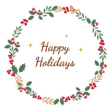 Kutsal meyveler, yapraklar, altın aksanlar ve Mutlu Bayramlar mesajını çerçeveleyen küçük bir kuş ile neşeli dairesel tatil çelengi çizimi. Vektör