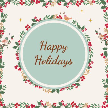 Kutlu, dutlu ve şarkı söyleyen kuşların pastel arka planda neşeli bir Mutlu Noeller mesajı çerçevelediği zarif bir tatil kartı. Vektör sanatı