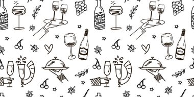 Şarap kadehleri, şişeler, üzümler, tepsiler ve basit bir el çizimi şeklinde tek renkli karalamalar. Restoran markalaşması, menü geçmişi, şarap barı dekorasyonu, ambalaj için mükemmel..