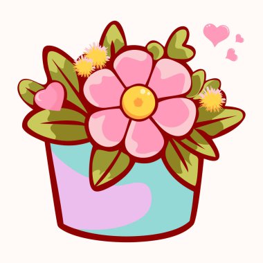 Yapraklar, yeşil yapraklar ve kalp şeklindeki elementlerle süslenmiş pembe bir çiçek. Romantik ve neşeli tasarımlar için mükemmel. Beyaz arkaplanda izole edilmiş vektör