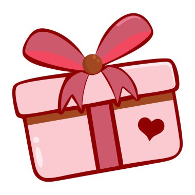 Kırmızı kurdeleli ve kalbi beyaz arka planda izole şirin pembe hediye kutusu. Aşk, kutlama, hediye, tebrik kartları, davetiyeler için tatil vektörü nesnesi.