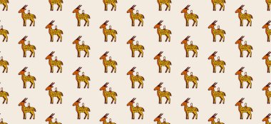 Açık bej arkaplan üzerine tekrarlayan bir dizayn ile, tekstil, dekor veya temalı grafikler için ideal, sıcak tonlarda biçimlendirilmiş geyik çizimlerinin kusursuz deseni.