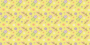 Yumuşak sarı arka planda pastel çiçekleri ve dalları içeren kusursuz çiçek desenleri. Tekstil, duvar kâğıtları ve dekoratif tasarımlar için mükemmel..
