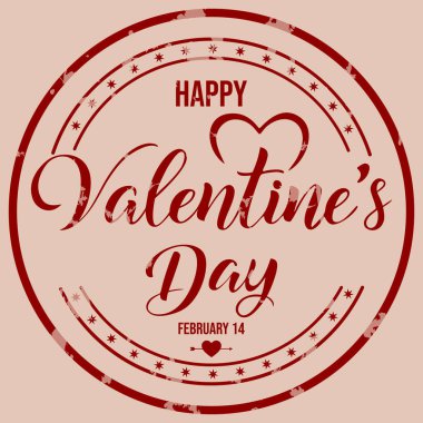 Kırmızı kalp, yıldızlar ve 14 Şubat tarihli bej arkaplanda zarif tipografi içeren Retro tarzı Sevgililer Günü rozeti. vektör illüstrasyonu.