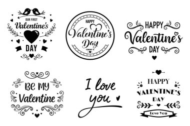 Zarif siyah beyaz sevgililer günü seti çeşitli stillerde romantik harfler, kalpler ve dekoratif çiçek unsurları içeren tasarımlar. Tema tipografisi ve rozeti severim. Vektör sanatı.