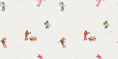 Çocukların buz pateni yapmasını, kızak çekmesini ve kar toplarını yuvarlamasını içeren pürüzsüz kış desenleri ve karın keyfini çıkaran bir köpek. Şenlikli tasarımlar için mükemmel mevsimsel çizimler.