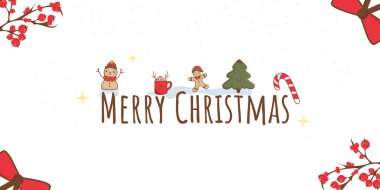 Mutlu Noel mektupları ve el yazması sevimli karakterlerle süslü yatay afiş: kardan adam, zencefilli adam, ağaç ve kakao. Bayram web başlıkları ve tebrik kartları için mükemmel.