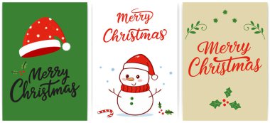 Noel Baba şapkalı üç tane Noel kartı dizaynı, gülümseyen kardan adam, ve dekoratif Holly ve yaprakları ile neşeli bir Noel kutlaması. Vektör sanatı.