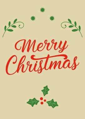 Minimalist Mutlu Noeller kartı tasarımı kırmızı ve yeşil tipografi, çobanpüsküllü aksanlar ve yumuşak sarı arka planda yaprak motifleri. Bayram tebrikleri için ideal.
