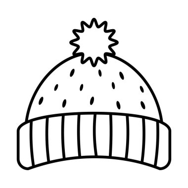 Üzerinde ponpon olan örgü bir kış şapkasının boyama kitabı sayfası. Beyaz arkaplanda izole edilmiş siyah ve beyaz vektör çizimi. Noel elementi basılmaya hazır.