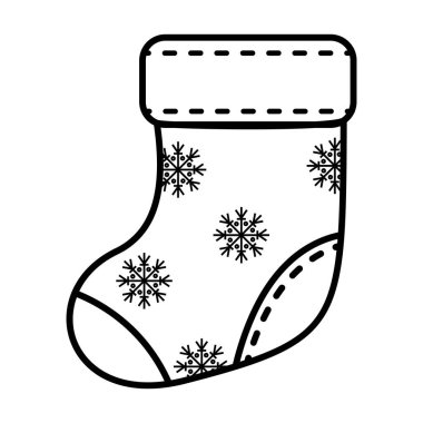 Kar tanesi desenleriyle süslenmiş Noel çorabının boyama sayfası. Beyaz arka planda izole edilmiş siyah beyaz çorap. Yazdırmaya hazır çocuklar ve yetişkinler için özet vektör çizimi.