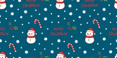 Tatlı kardan adamlar, şeker kamışları, çoban püskülü, kar taneleri ve mutlu noel mesajlarının yer aldığı kusursuz bir Noel deseni. Neşeli ve şenlikli tatil tasarımı.