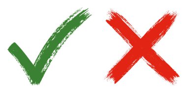 Karar verme ve değerlendirme kavramları için yeşil kontrol işareti ve kırmızı çapraz fırça darbeleri. Şeffaf arkaplanda el çizimi simgeleri izole