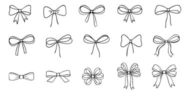 Asgari siyah çizgi sanat yayları ve kurdele düğümleri çeşitli stillerde. Hediyeler, düğünler, el sanatları, ambalajlar, davetiyeler ve kadınsı tasarım projeleri için ideal dekoratif unsurlar..