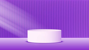 Ortasında silindirik bir podyum olan 3 boyutlu mor sahne arkası. Işık ışınlı boş duvar sahnesi. Model modeller ya da soyut sunumlar için temiz geometrik tasarım. Platformlar vektör geometrik tasarımı.