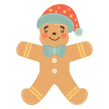 Noel Baba şapkası ve papyon takan sevimli zencefilli kurabiye adam çizimi. Garip bir Noel karakteri, beyaz, tatil kartları, çocuk tasarımları, çıkartmalar ve şenlik dekorları için mükemmel..