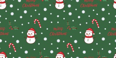 Şirin kardan adamlar, şeker kamışları, kar taneleri ve yeşil arka planda Mutlu Noeller metninin yer aldığı şenliksiz Noel deseni. Ambalaj kağıdı, tekstil ve tatil tasarımları için ideal.