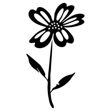 Beyaz arka planda izole edilmiş basit siyah çiçek çizimi. En küçük botanik tasarımı logolar, dövmeler, baskılar, dekorlar ve modern grafik projeler için idealdir.