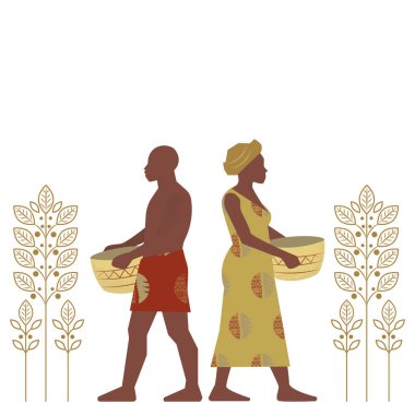 Hasat sepetleri taşıyan Afrikalı bir erkek ve kadının stilize bir tasviri, tarım, ortaklık ve kırsal geçim kaynağını sembolize ediyor. Beyaz arkaplanda dekoratif botanik elementler.
