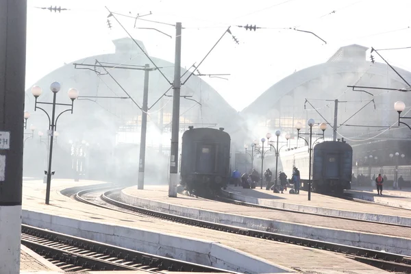 El tren en la plataforma de la estación de tren en Lviv, Ucrania  . — Foto de Stock