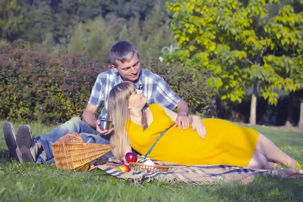 Jeune couple enceinte se détendre sur un pique-nique dans le parc — Photo