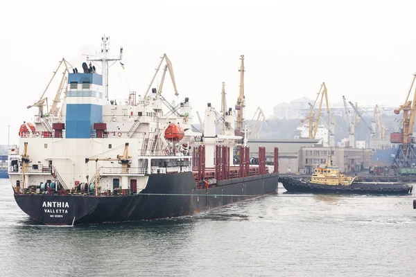 Porto marittimo di Odessa. Barkas spinge la nave — Foto Stock