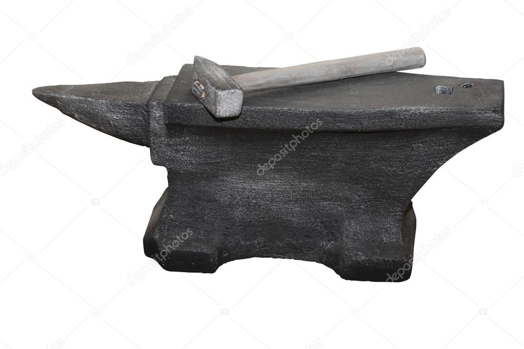 Black anvil and hammer isolated on a white