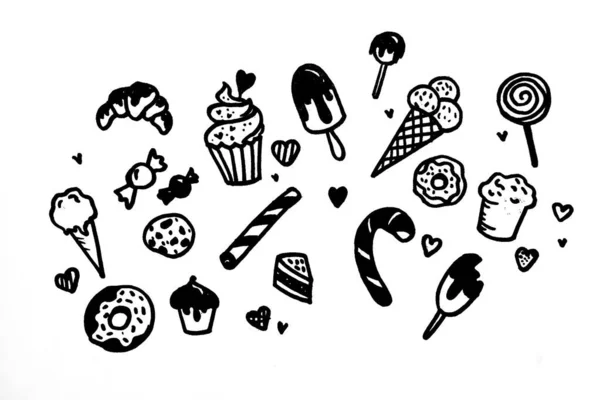 Doodle Style Cute Sweets Elements Contours Sweets Yummy — Stock Photo, Image