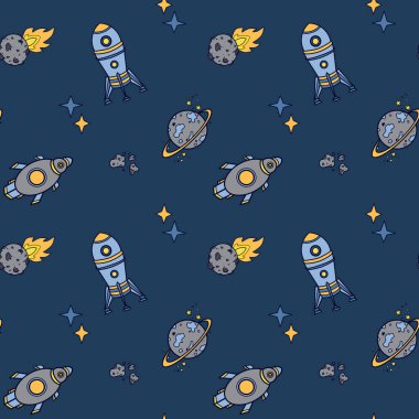Uzay elementleriyle çizgi film deseni. Roket ve yıldızlı patern
