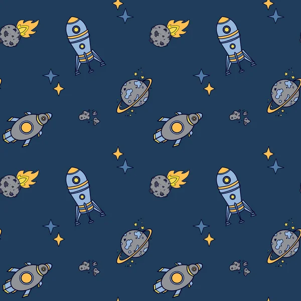 Cartoon pattern with space elements. Pattern with rockets and stars