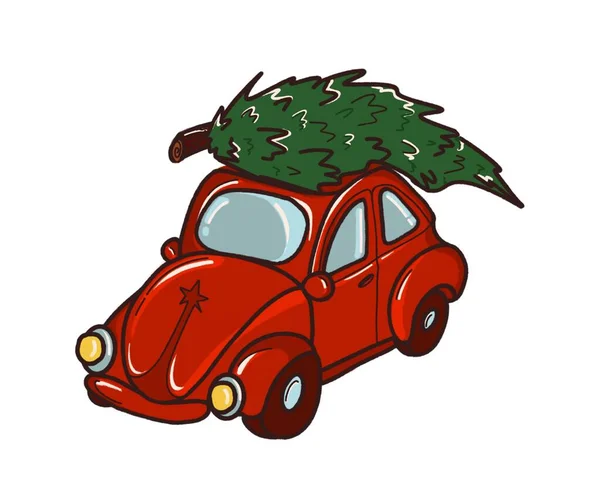 Red Car Christmas Tree Roof Holiday Symbol Red Car Christmas — Stock Photo, Image