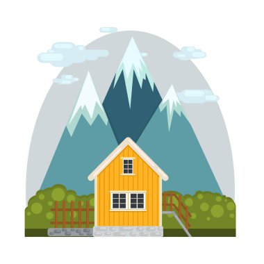 Scandinavian style house. Yellow house on a background of mountains, vector drawing