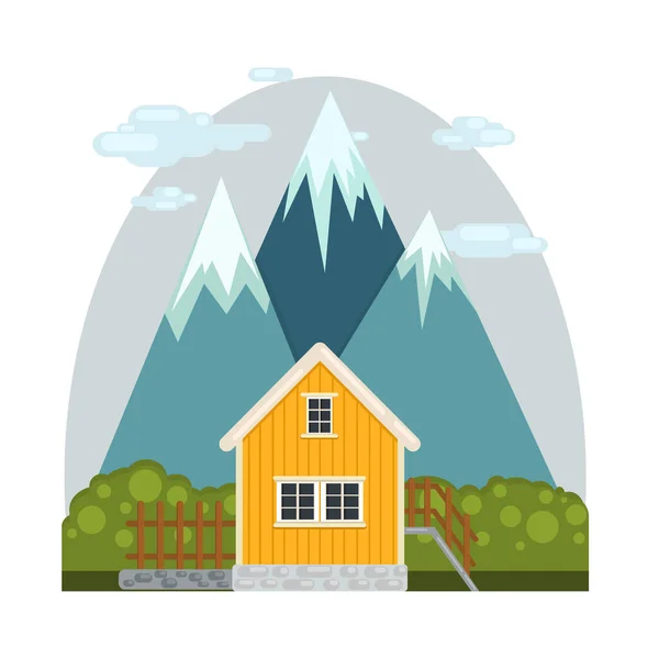 Scandinavian Style House Yellow House Background Mountains Vector Drawing — Stock vektor