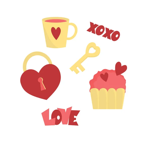 白い背景にバレンタインデーの要素のセット 休日のためのかわいいアイコン 愛と絵のセット ハートロックとキー ケーキとハートのカップ Xoxo Lettering — ストックベクタ