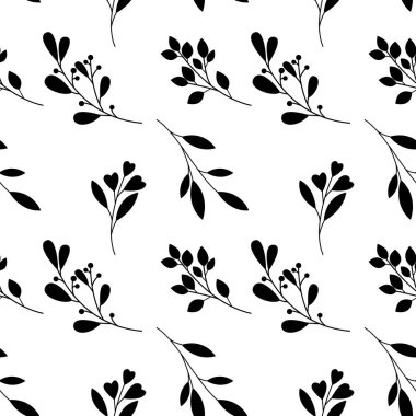 Beyaz arka planda yeşil dalları ve böğürtlenleri olan kusursuz bir desen. Yapraklı, dallı, dallı, böğürtlenli, otlu desen. Çoklu renk. Tekstil ve tipografi için desen