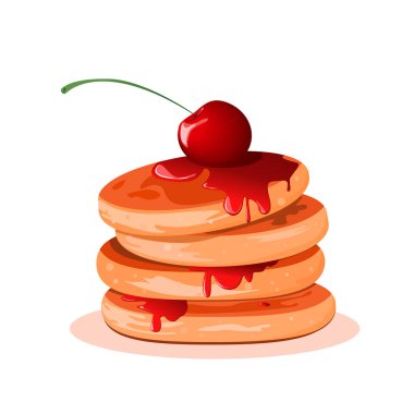 Reçelli ve kirazla süslenmiş sulu gözlemeler. Akçaağaç şurubu ve tereyağlı gözlemelerin vektör çizimi