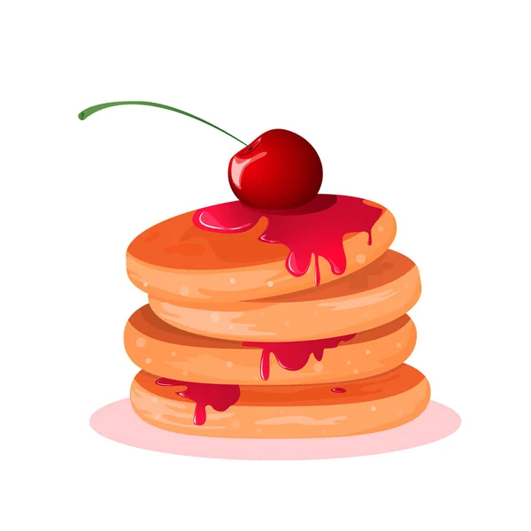 Frittelle succose condite con marmellata e guarnite con ciliegie. Illustrazione vettoriale dei pancake con sciroppo d'acero e burro — Vettoriale Stock