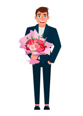 Büyük hediye kutusunda bir demet çiçekli vektör illüstrasyoncusu. Uluslararası Kadın Günü 8 Mart, Sevgililer Günü ve Mutlu Yıllar tebrik kartı. Düz biçim