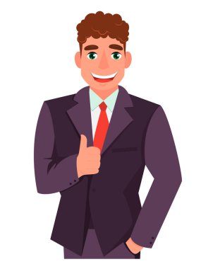 İşadamı başparmağını daire şeklinde gösteriyor. Takım elbiseli genç bir adam onaylıyor. Adam beyaz bir arka planda izole edilmiş..