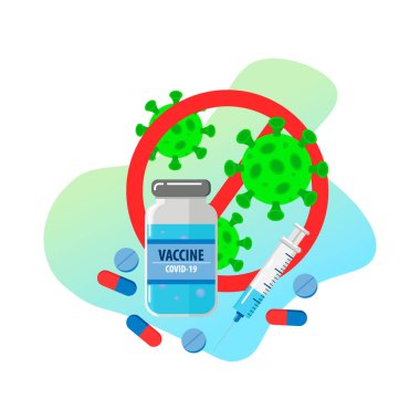 Aşı konsepti. Aşılı şırınga ve şişe ile web tasarımı için düz vektör tıbbi çizimi