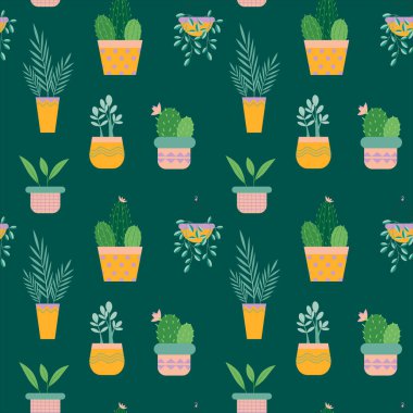 Tencerelerdeki modaya uymayan ev bitkilerinin vektör çizimi: aloe vera, keman yaprağı inciri, yılan bitkisi, canavar, eşek kuyruğu, aglaonema, yeşim taşı bitkisi. Evin iç dekorasyonu..